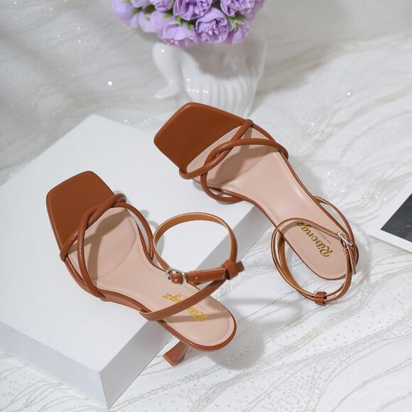 Women's Brown Square Open Toe Kitten Strappy Ankle Strap Heeled Sandals Shoes - Picture 3 of 9